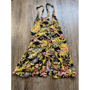 Free People Floral Mini Dress Yellow Black Button Front Boho Strappy Size 0
